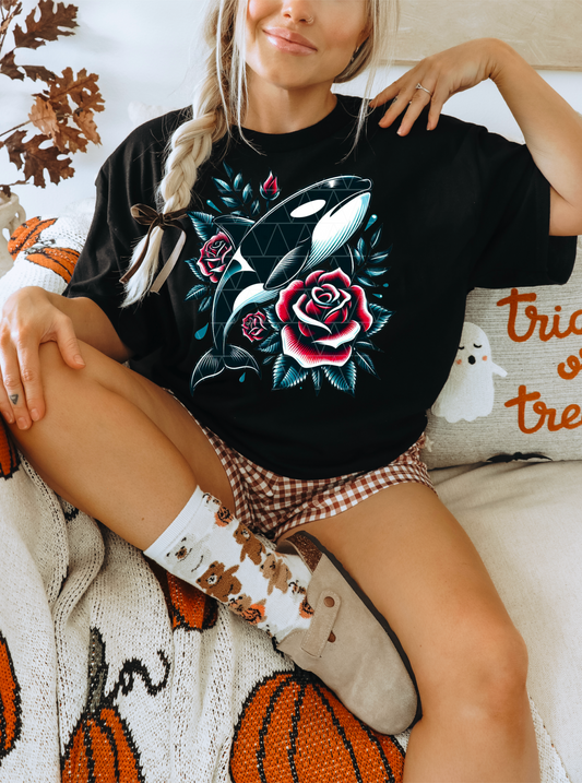 TATTOO STYLE KILLER WHALE ROSE PNG | SUBLIMATION PNG | AUTOMATIC DOWNLOAD