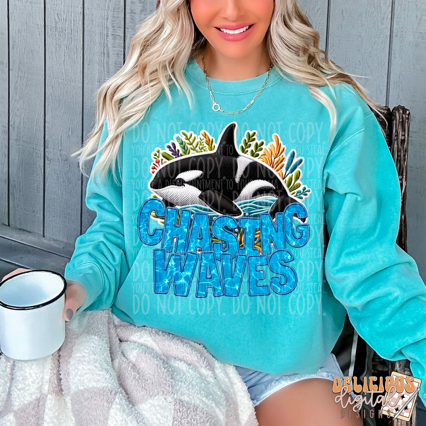 CHASING WAVES WHALE FAUX EMBROIDERY | Digital Download | PNG