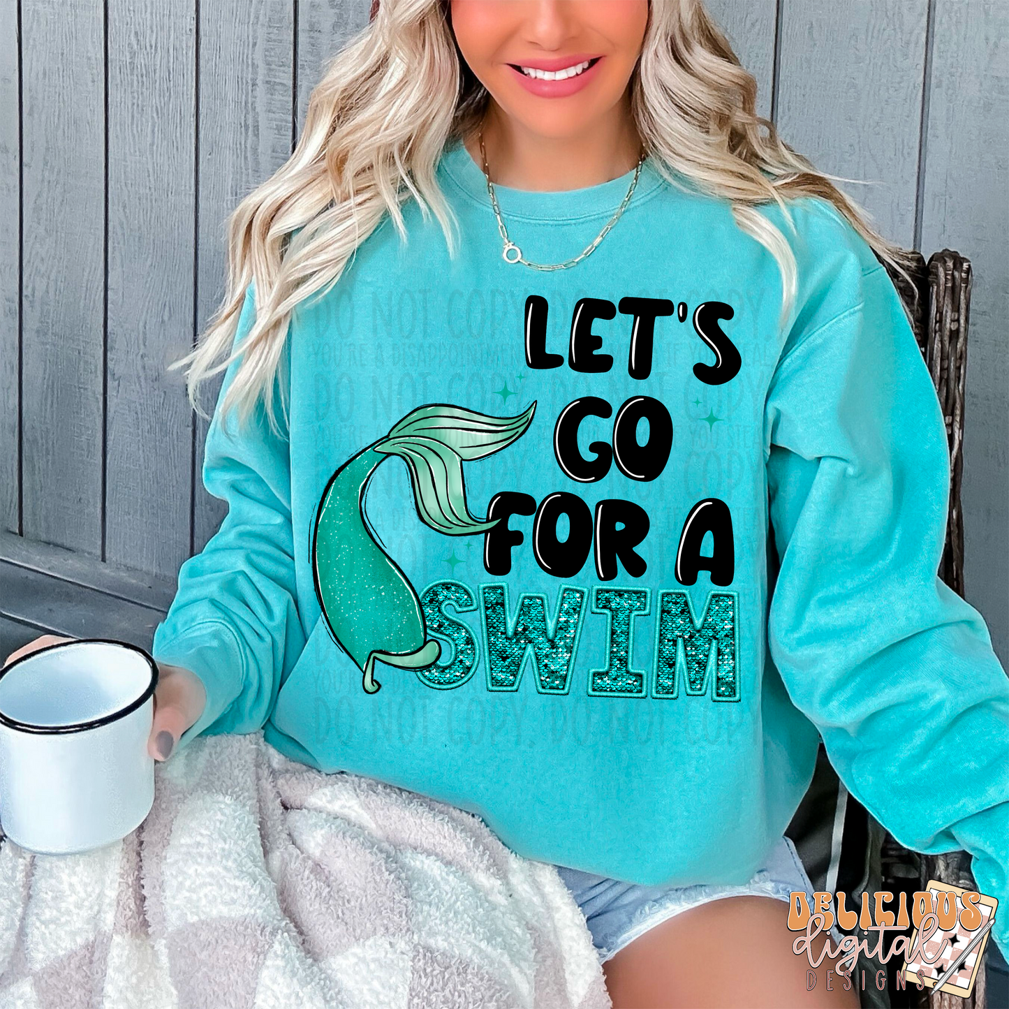 LET’S GO FOR A SWIM FAUX EMBROIDERY PNG | Digital Download | PNG