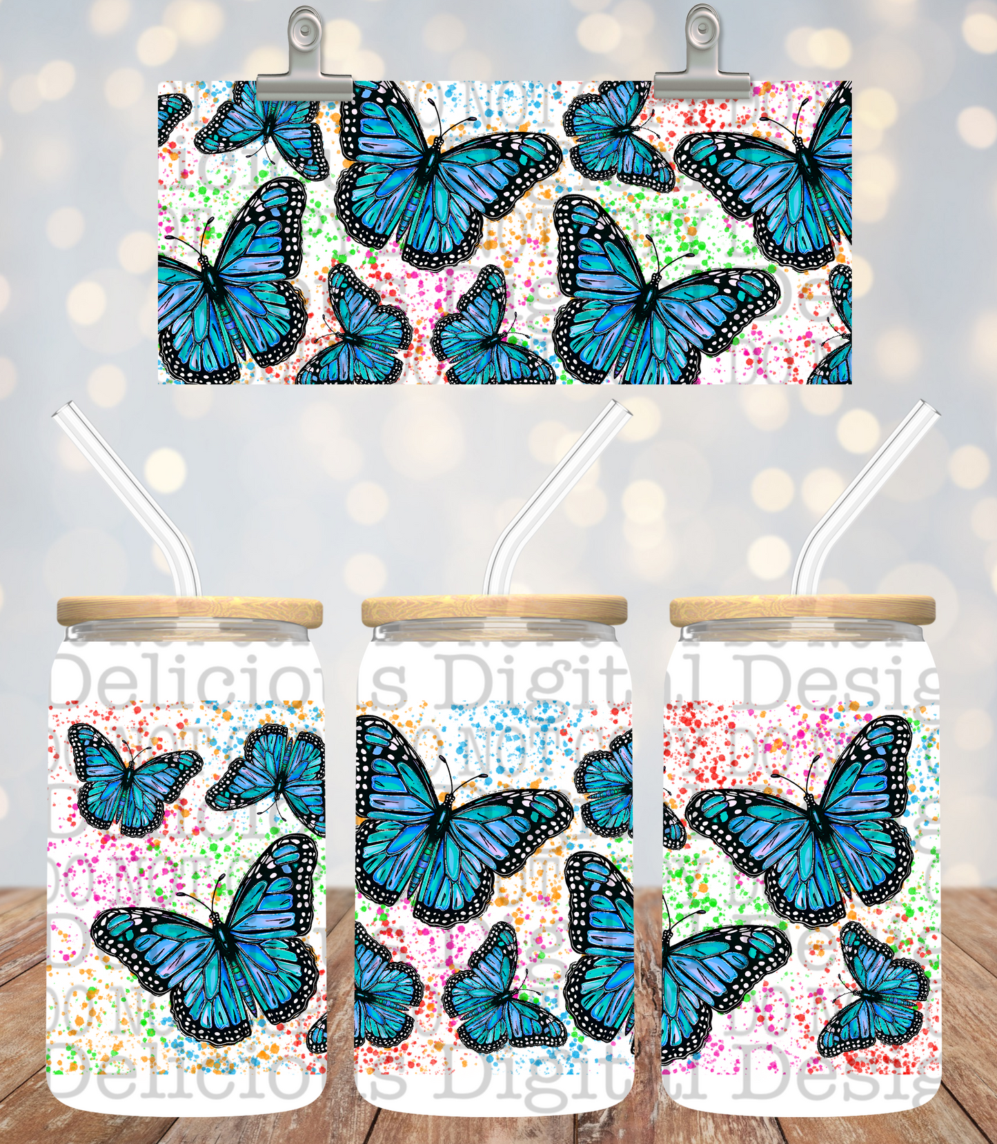 BLUE BUTTERFLY SPLATTER LIBBY TUMBLER WRAP PNG | Digital Download | PNG