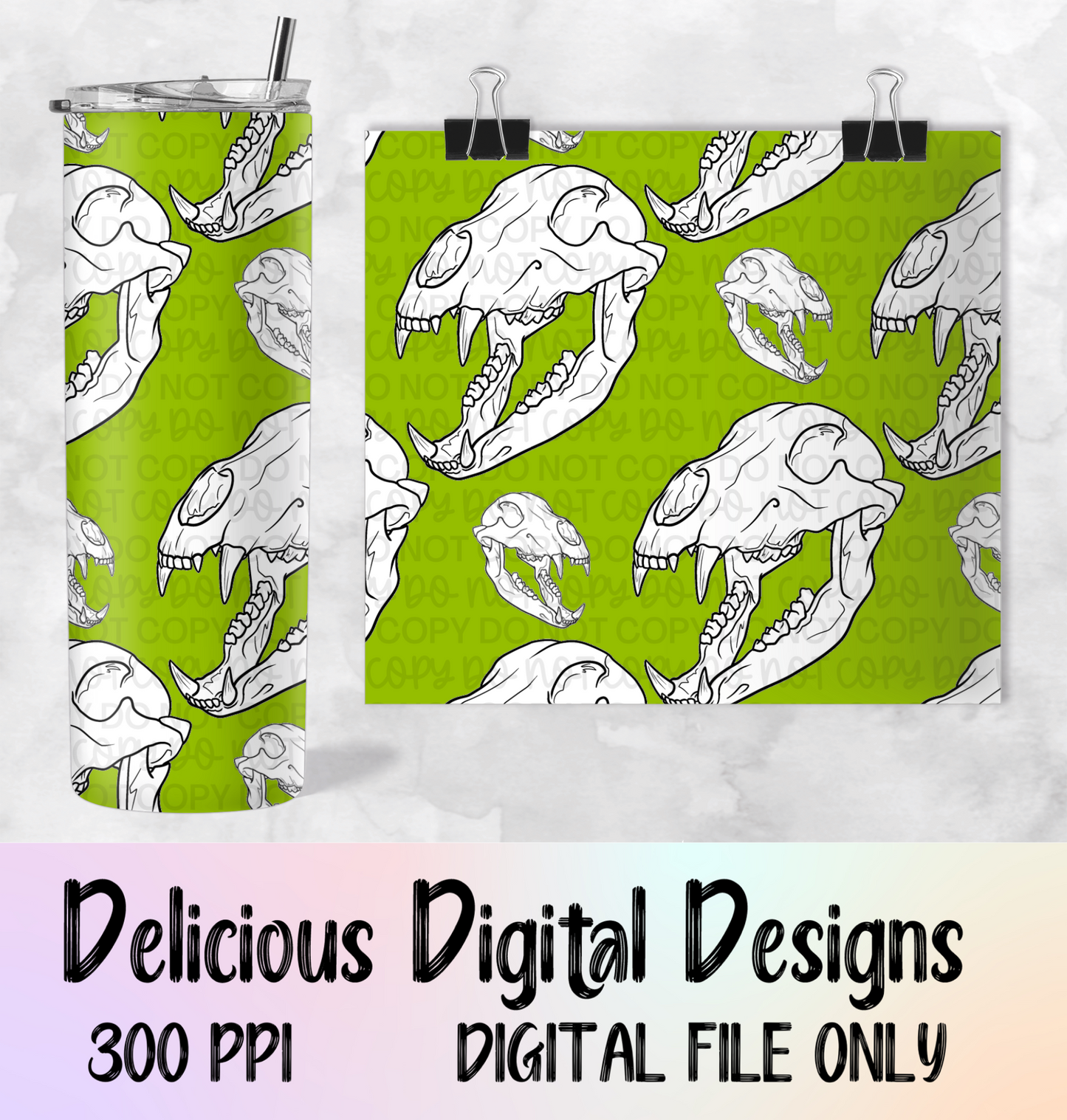 LIME GREEN ANIMAL SKULLS SEAMLESS PNG | Digital Download | PNG